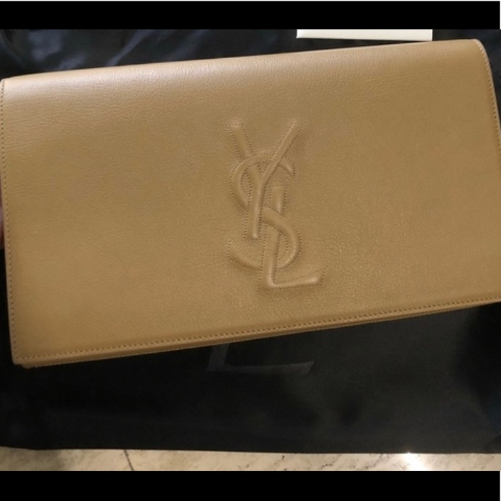 Yves Saint Laurent Tan Embossed YSL Leather Clutch